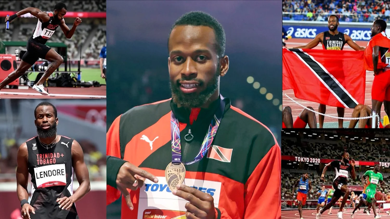Deon Lendore on the podium with his medal and the flag of Trinidad and Tobago, surrounded by images from his racing career