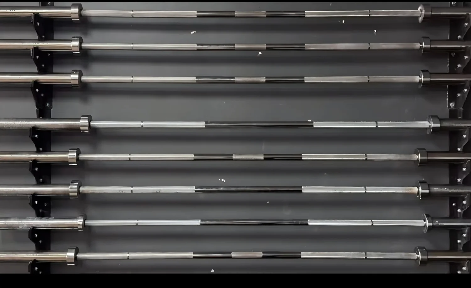 Rack of Eleiko Olympic weightlifting barbells at Brazos Valley Barbell in College Station, Texas