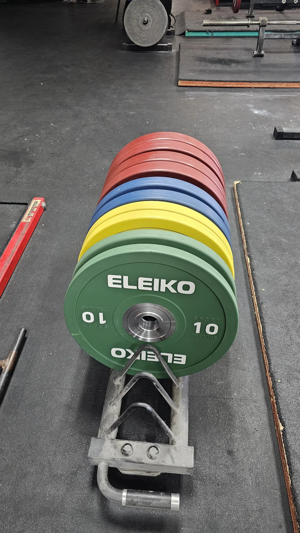 Eleiko colour-coded competition bumper plates at Brazos Valley Barbell in College Station, Texas
