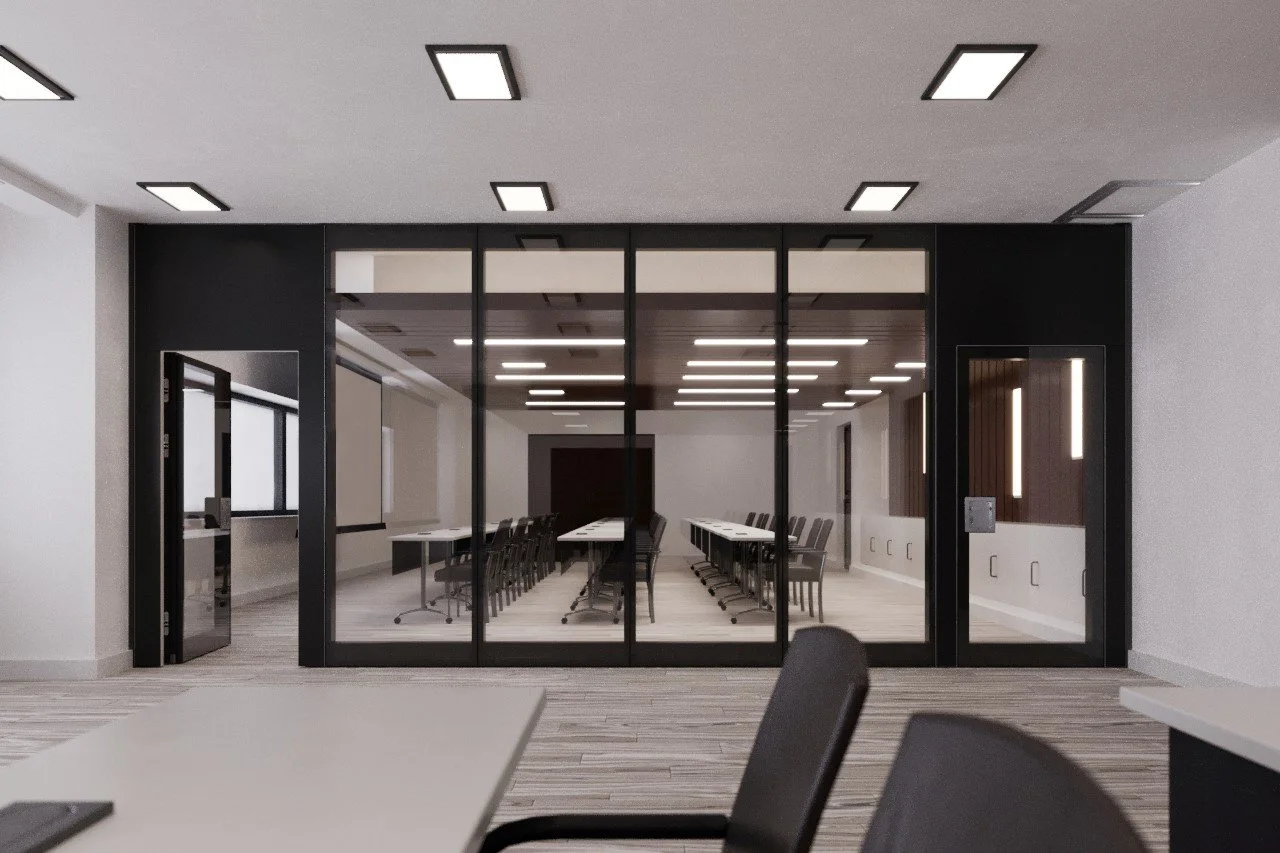 Modern conference room with moveable glass wall partition