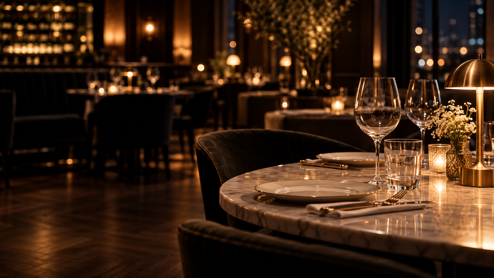 A warmly lit restaurant table