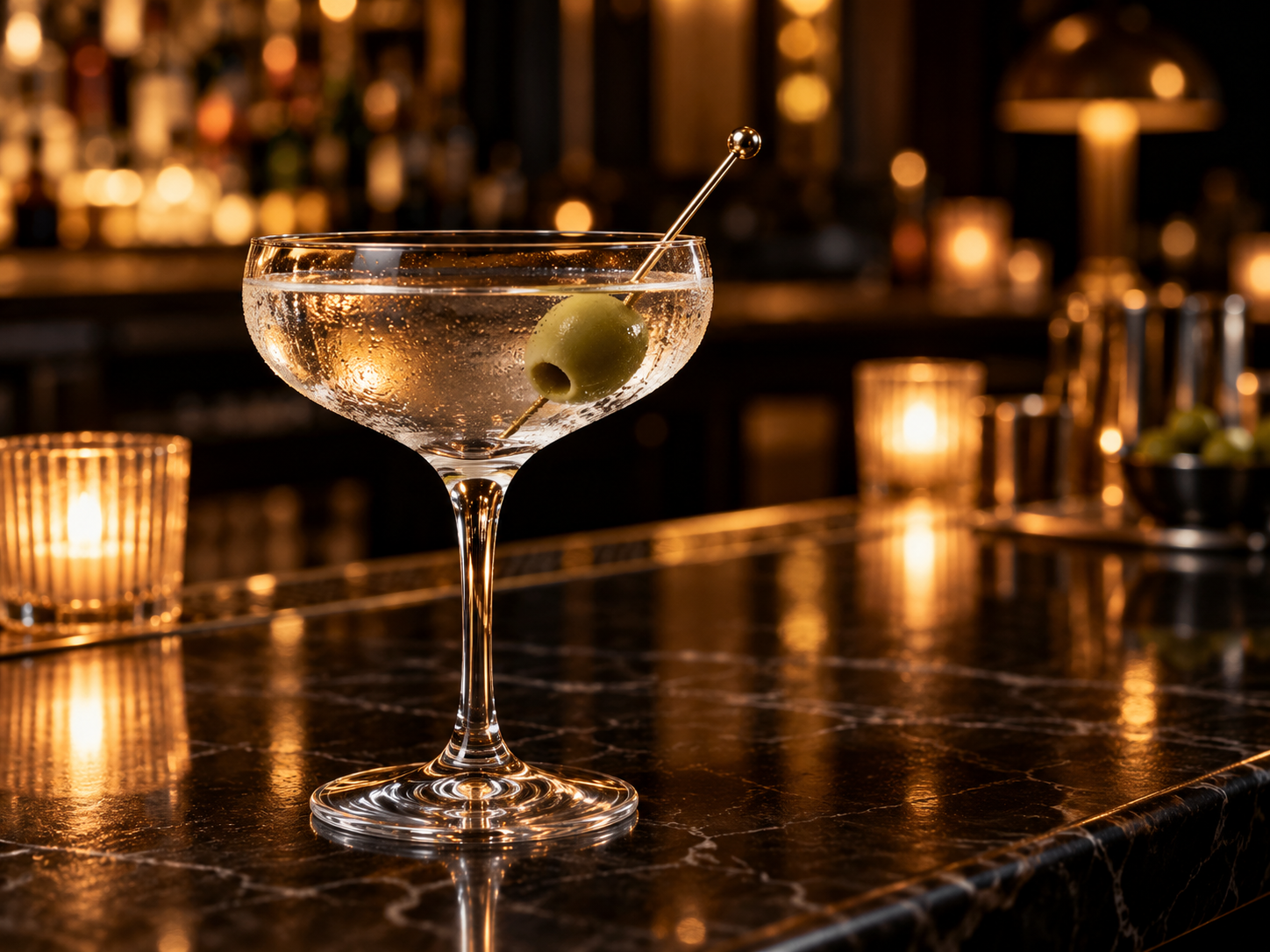 A martini in a softly lit restaurant