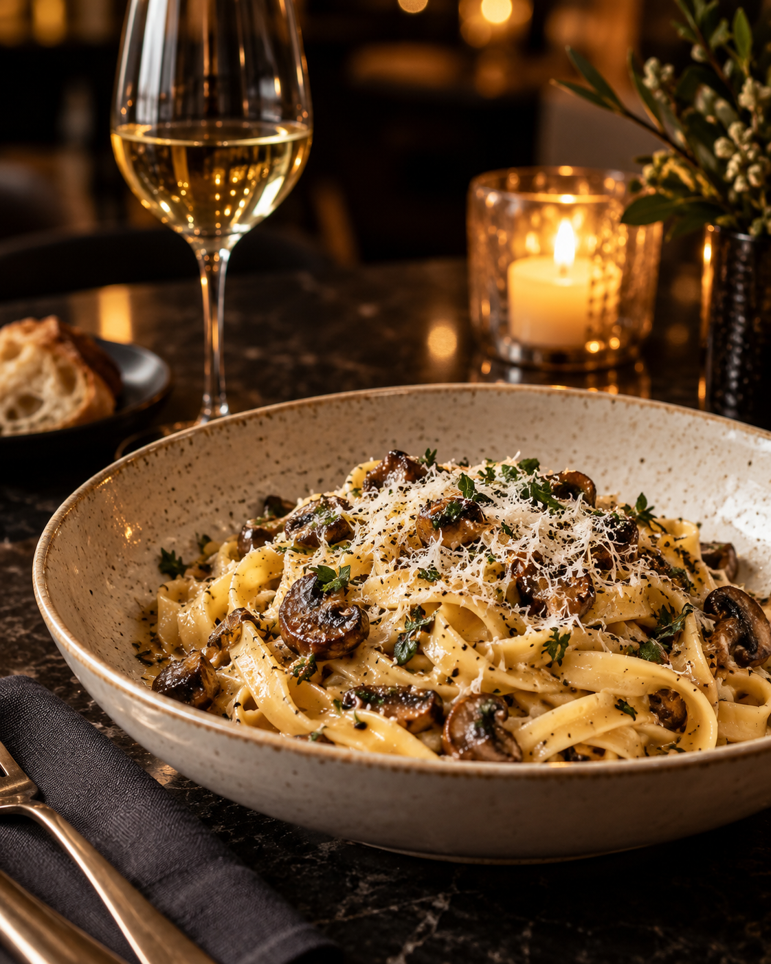 Illustrative pasta dish with wine and candlelight; not a photograph of Ci Siamo