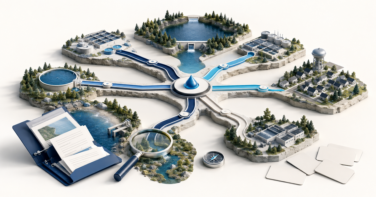 Isometric illustration of a connected water system and surrounding communities