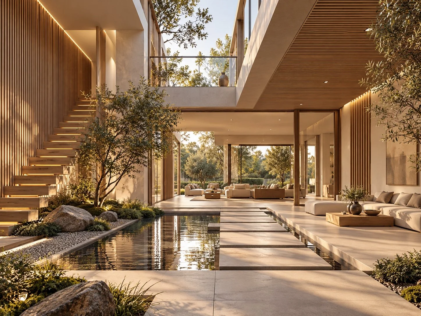 Concept rendering for Sanborn Avenue in Venice, California, with a wood-lined courtyard and reflecting pool