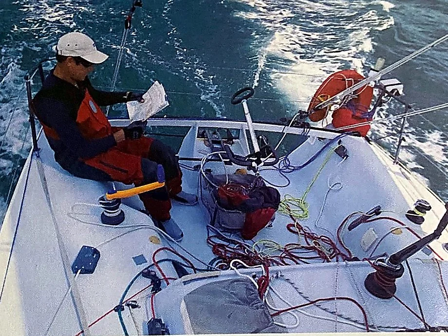 Jonathan McKee aboard his Mini with the autopilot engaged