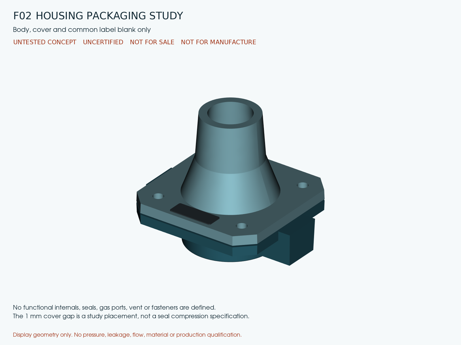 Tall-cover housing study. A related tall-cover packaging arrangement. Dimensions and appearance do not establish operating performance.