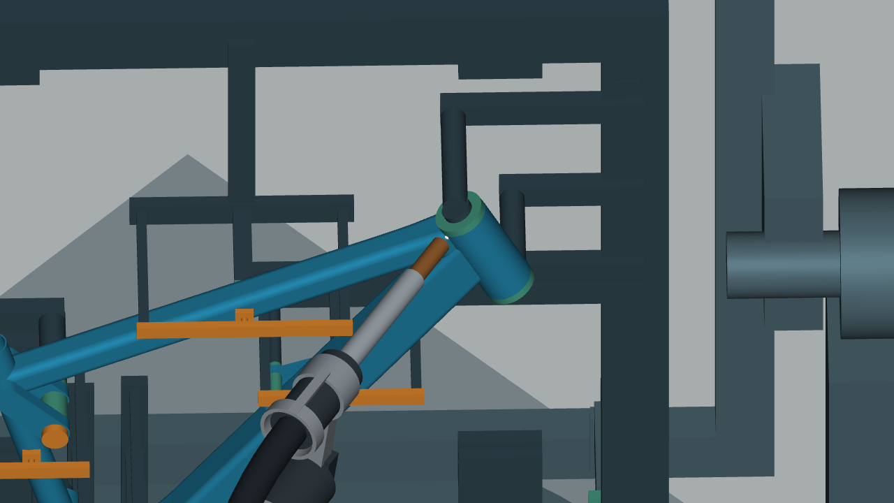 CAD close-up of the torch near the first proposed bike-frame joint in the indexed fixture