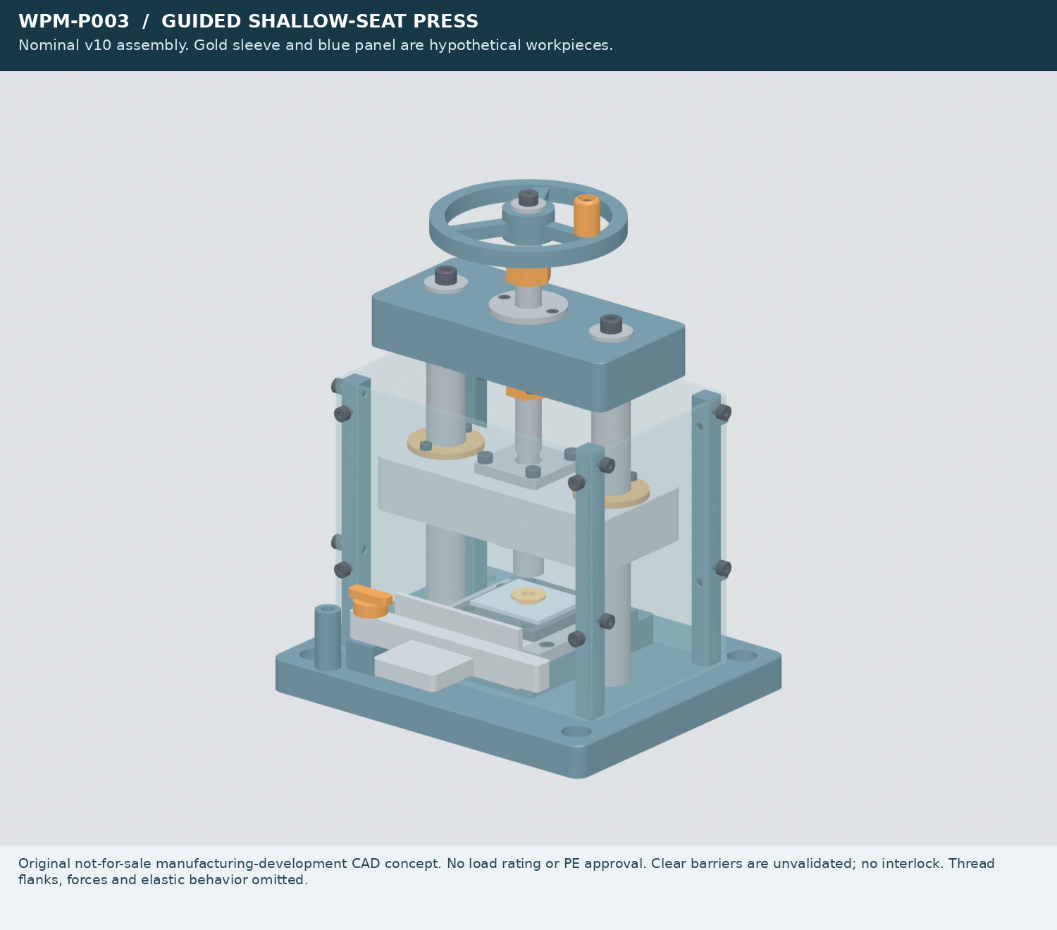 Original CAD shallow-assembly press with a handwheel, guided ram and removable carrier