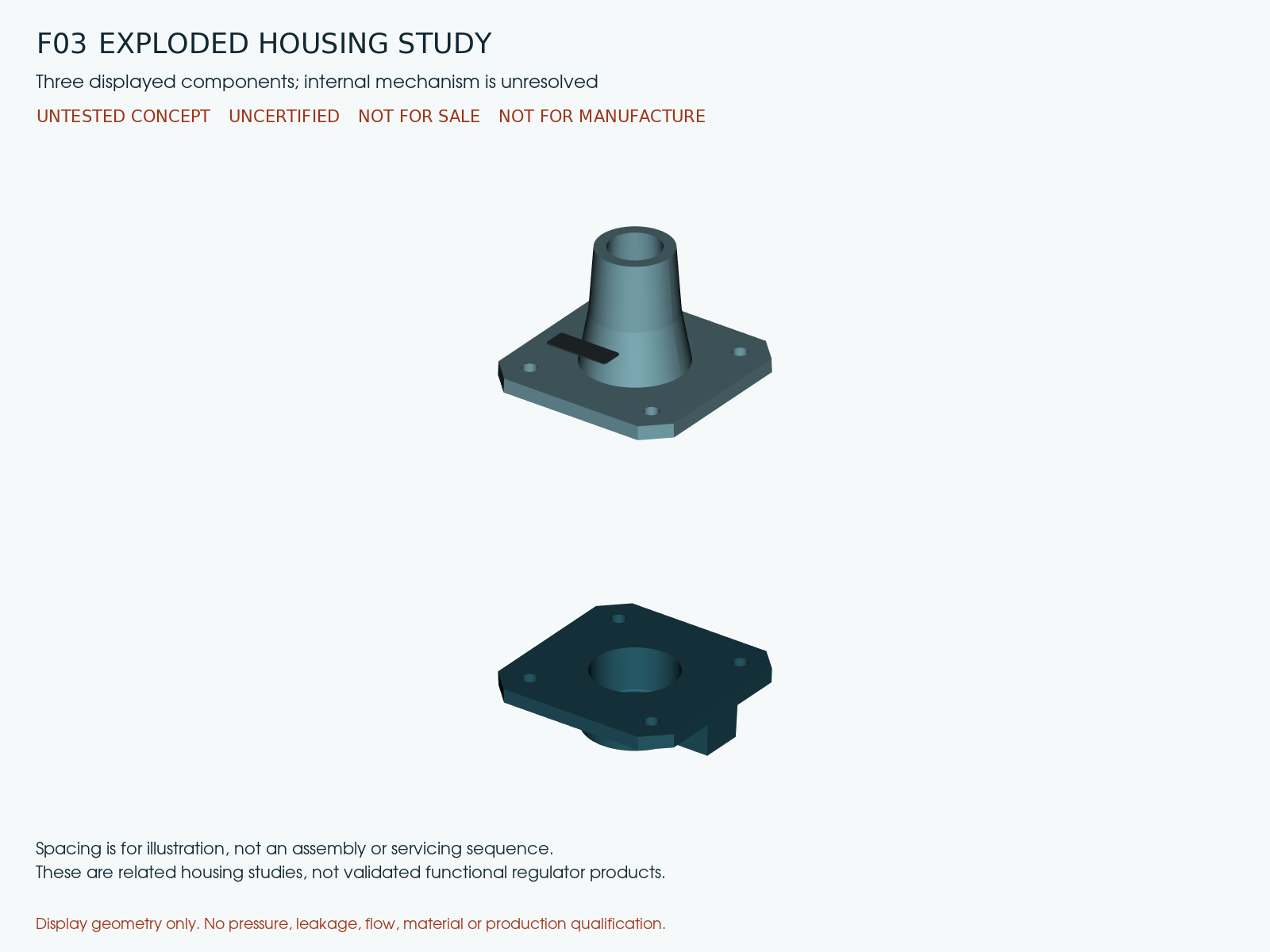 Reduced-mouth components. Separated housing components from the reviewed CAD presentation.
