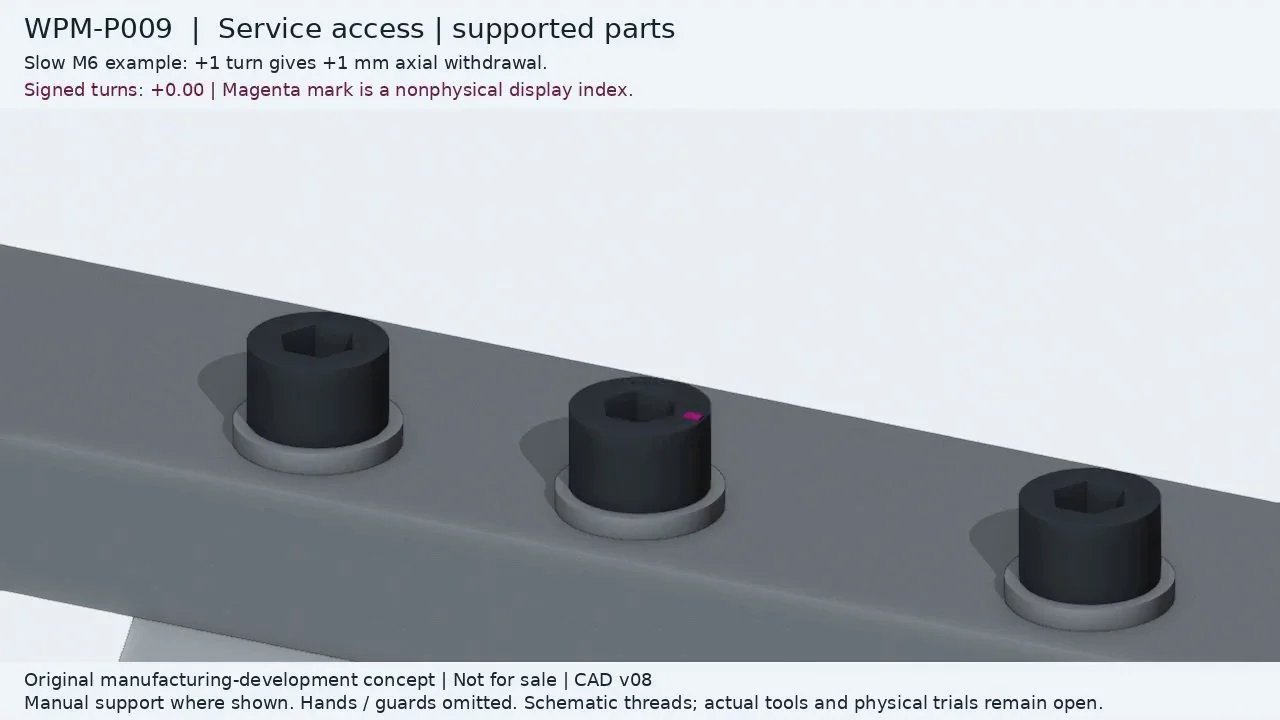 Close CAD view of the M6 finger-service fastener with a nonphysical magenta rotational marker