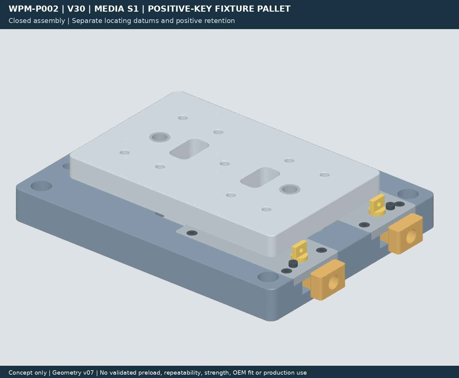 Original hypothetical CAD fixture pallet with separate locating features and retaining keys