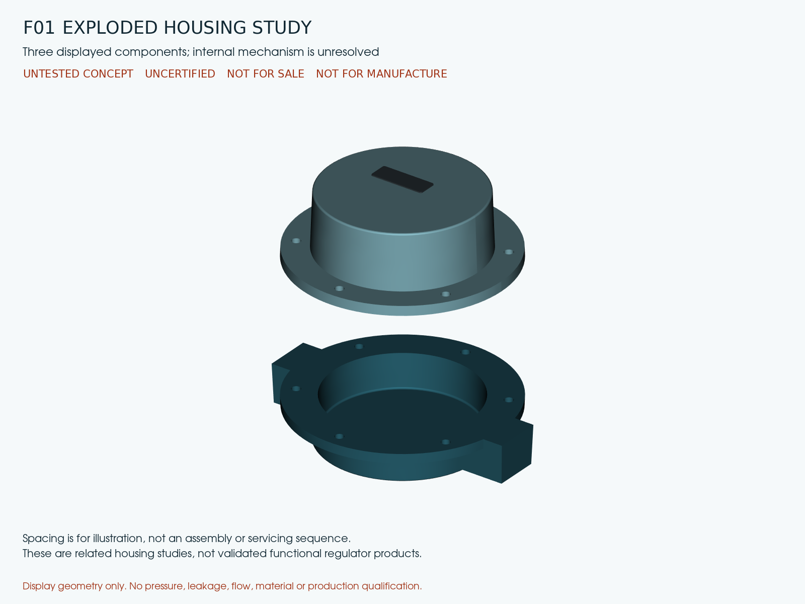 Circular housing components. Separated housing components shown for manufacturing discussion; assembly fits and function are unverified.