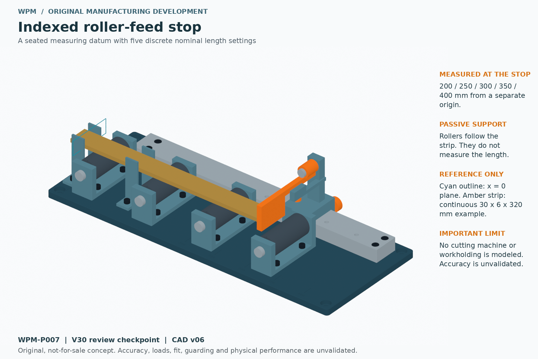 Original CAD indexed roller-feed stop with four passive rollers and orange stop blade