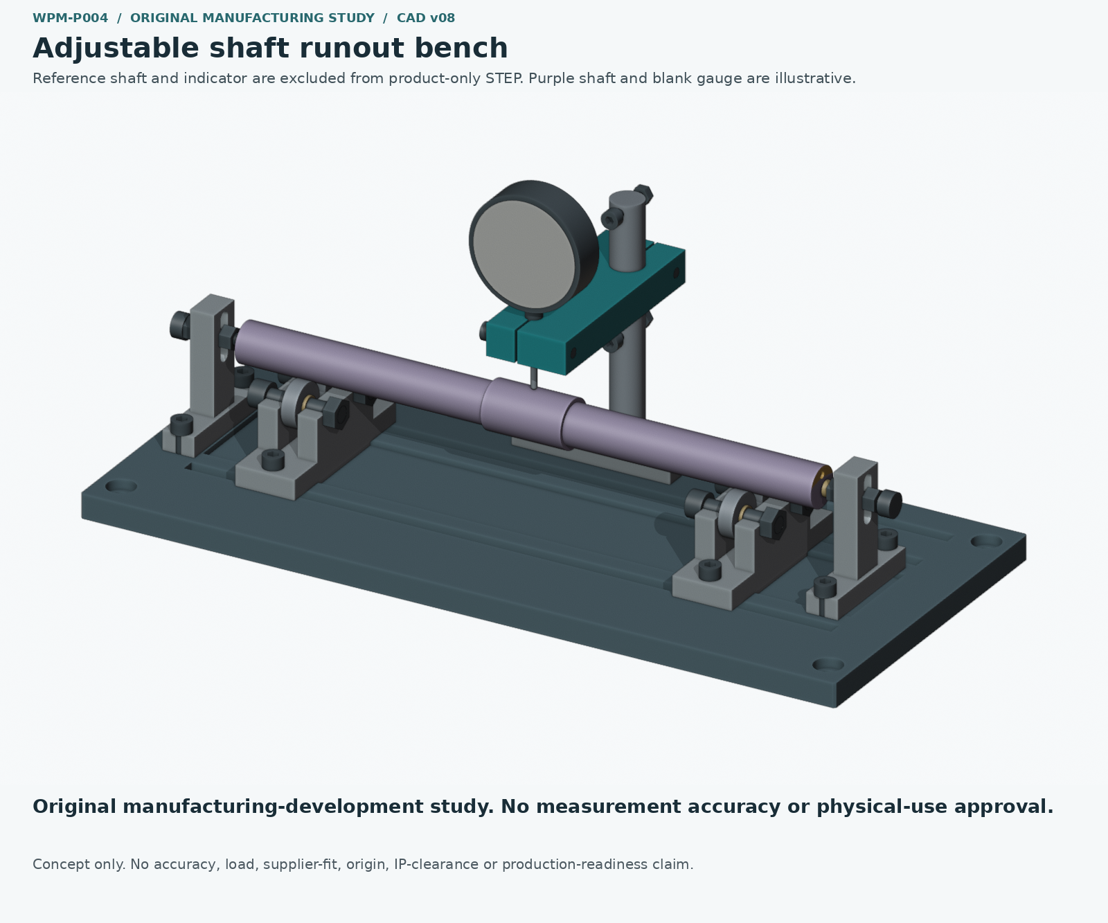 Original hypothetical runout bench with adjustable roller supports and indicator holder