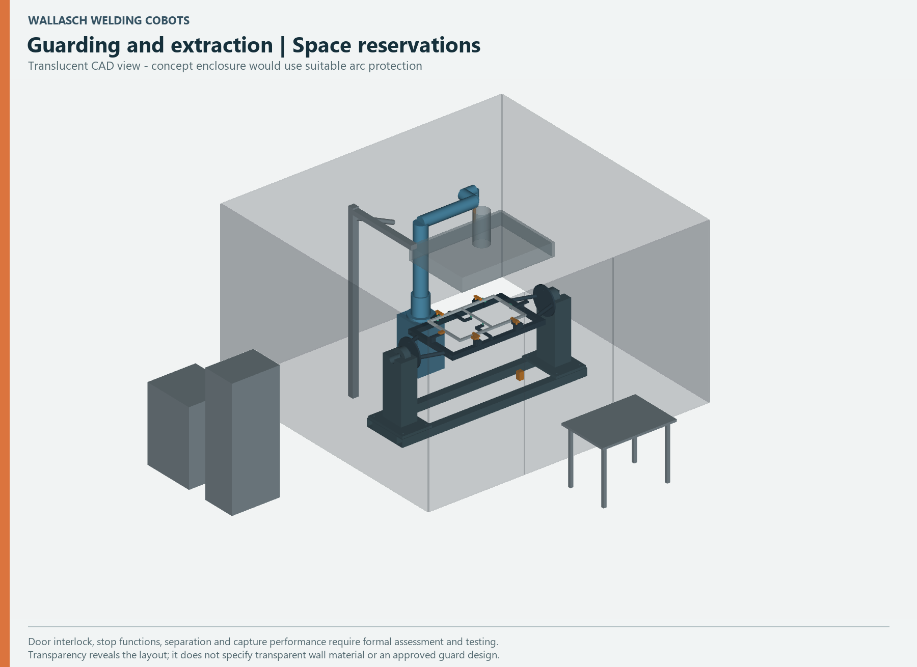 CAD layout showing an enclosure, load door, extraction hood and service equipment around the welding cell concept.