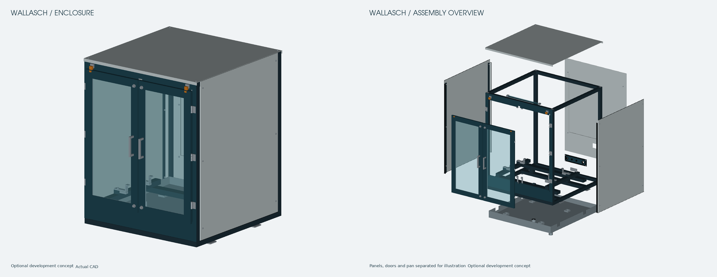 Split view of the optional Wallasch enclosure: closed shell on the left and panels, doors and pan separated around the frame on the right