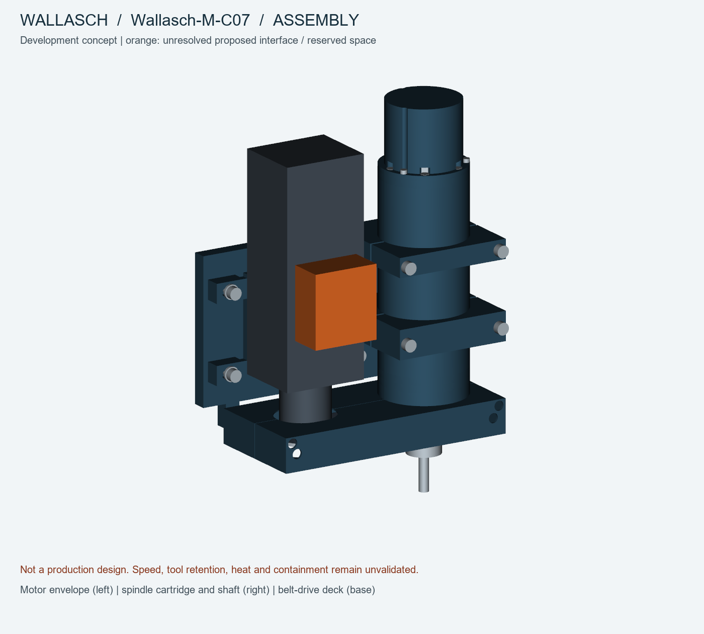 C07 proposed spindle assembly with motor envelope on the left, spindle cartridge on the right and belt-drive deck below