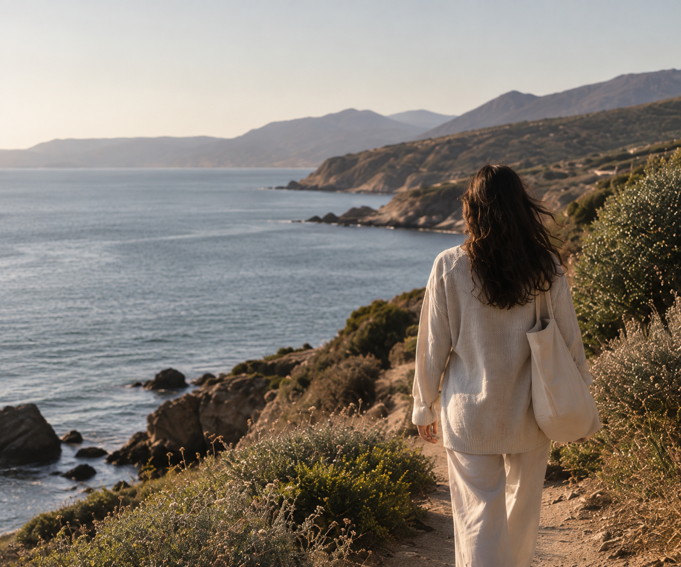 A woman walking a quiet coastal path beside the sea
