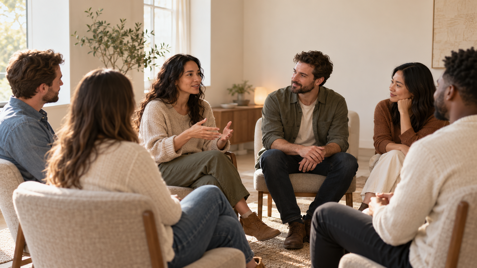 Adults seated in a circle, listening and sharing in a welcoming group therapy setting.