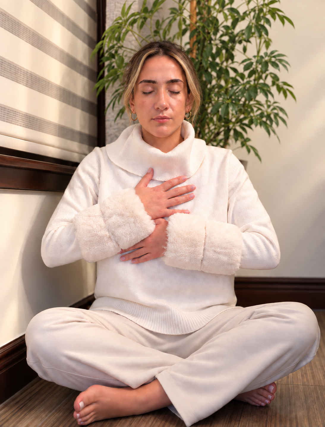 Georgette seated in a quiet moment of meditation, with her hands resting on her heart and abdomen.
