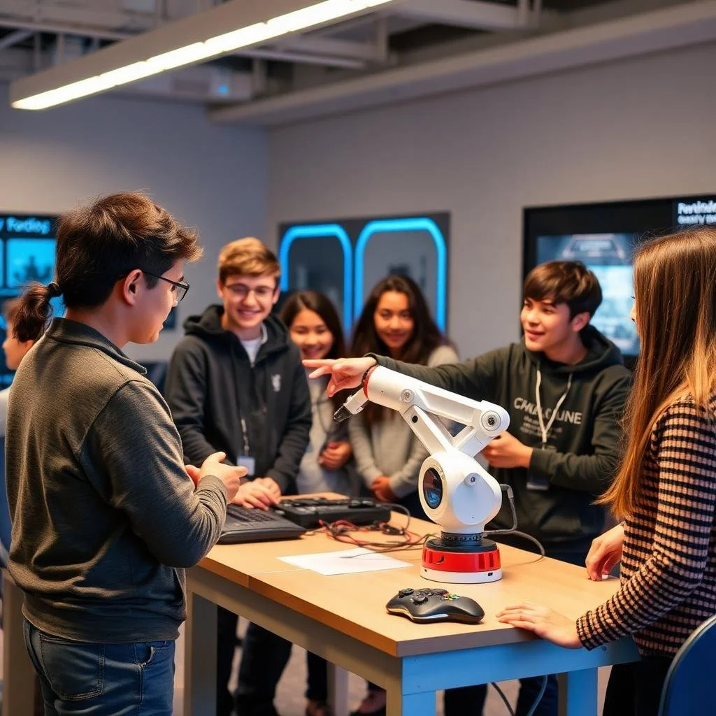Students building a robot in a lab