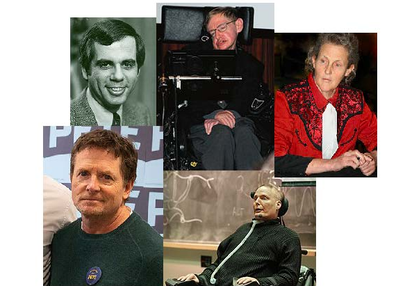  There’s nothing shameful in suffering from neurological disability, just ask (clockwise from top left) Tony Coelho, Stephen Hawking, Temple Grandin, Christopher Reeve, and Michael J Fox. (Images: Wikipedia.) 