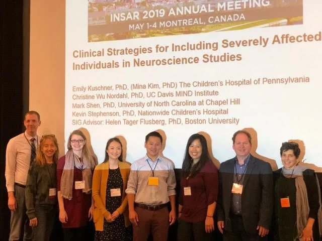  Leaders of an INSAR group devoted to improving inclusion of the severely affected in neuroscience research: Kevin Stephenson, Alison Singer, Charlotte DiStefano, Mina Kim, Mark Shen, Christine Wu Nordahl, and Mikle South, with Jill Escher, president of NCSA, at right. 
