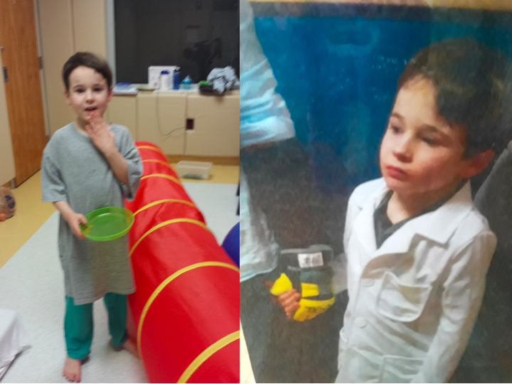  The author’s son in a padded therapy room at an Ohio psychiatric unit, and on Halloween with an aide wearing pads to protect from his bites. 