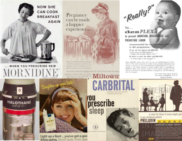  Synthetic drugs, including those used in pregnancy, boomed during the postwar decades. In addition, maternal smoking peaked in the 1960s. Some examples of common pregnancy drugs from the 1950s and 60s, pictured clockwise from top left: anti-nausea, anti-anxiety, synthetic steroid hormones [pictured here, an ad for the notoriously toxic drug DES], volatile anesthetic gases, tobacco, barbiturates, amphetamines/methamphetamines. 