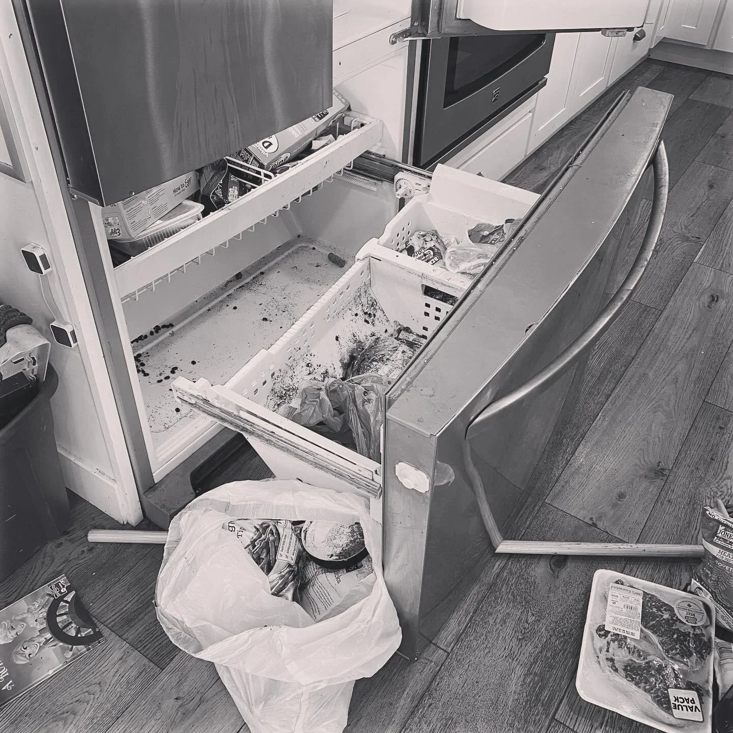  The author’s fridge, broken, covered in coffee grounds, thanks to #severeautism. 