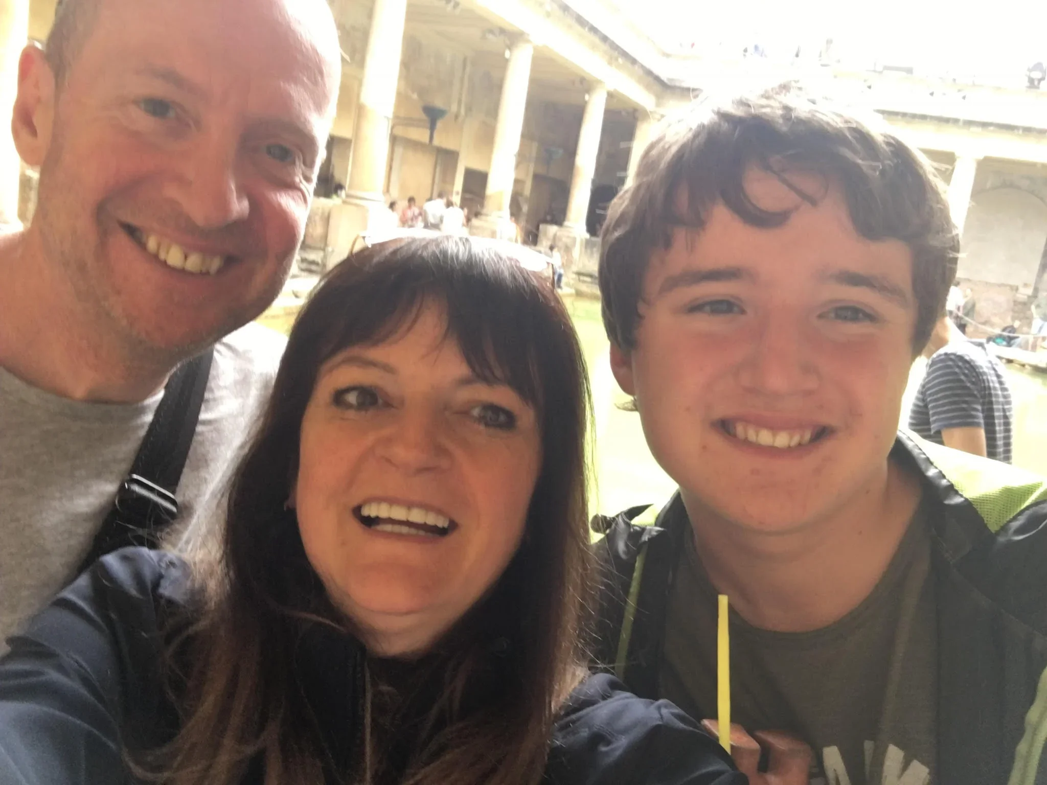  The author with her husband and son on a trip to historic Bath, England. 
