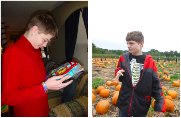   My fifteen-year-old severely autistic son Justin enjoying two of his favorite pastimes, his toys, and anything related to Halloween.  
