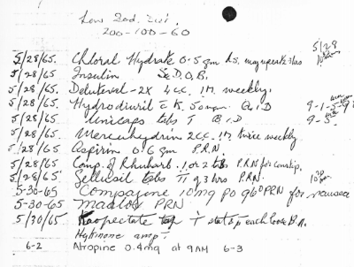  Pregnancies of the post-war era were often heavily medicated with chemical compounds that were entirely unprecedented in the human womb. Here, for example, a medical record from 1965 shows that a pregnant woman in Boston was prescribed synthetic steroid hormones, diuretics, anti-nausea drugs, analgesics, and sedatives, among other drugs such as insulin for Type 1 diabetes. While any quasi-genetic impact is of course unknown, it is worth noting that three of the woman’s grandchildren exhibit multiple idiopathic neurodevelopmental abnormalities. 