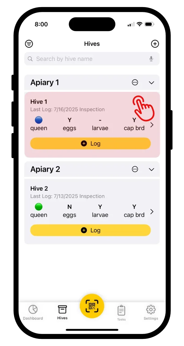 Tap a hive in HiveLogger
