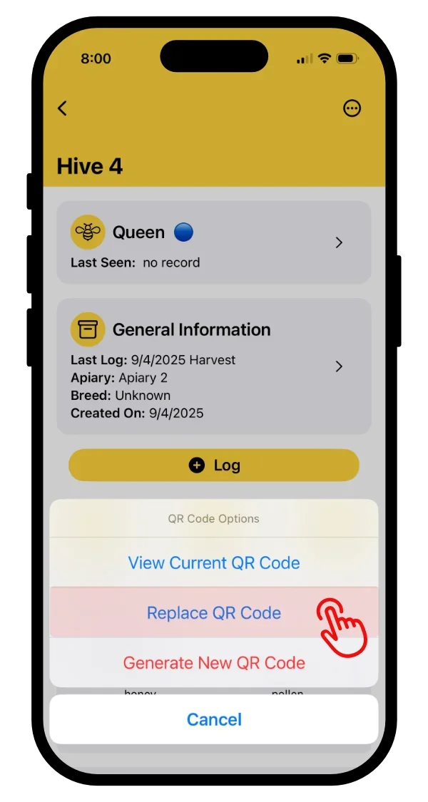 Select Replace QR Code in HiveLogger