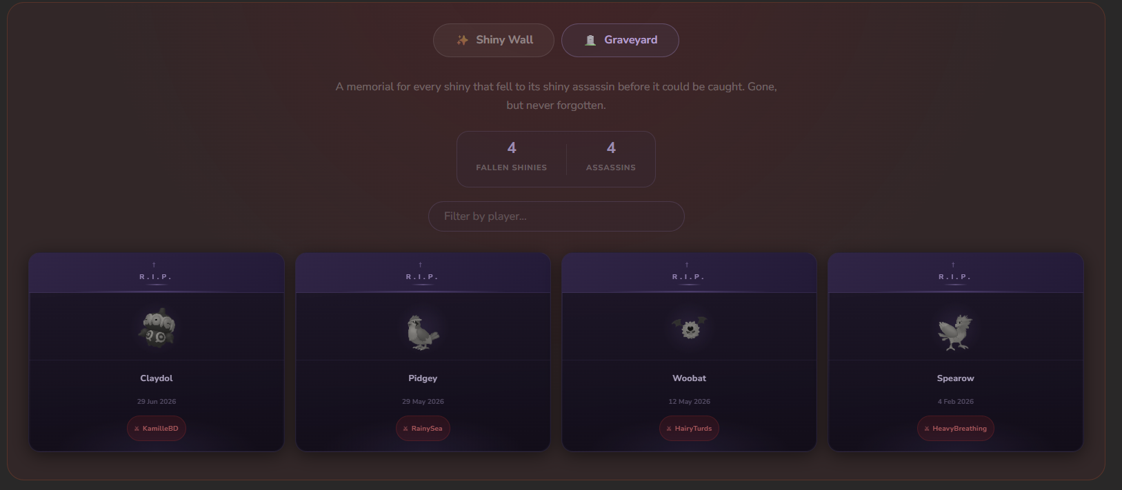 Graveyard tab showing tombstone-styled greyscale sprite entries