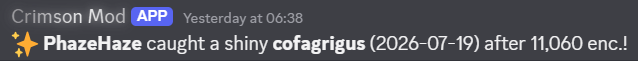 Bot command being used in Discord to log a shiny catch