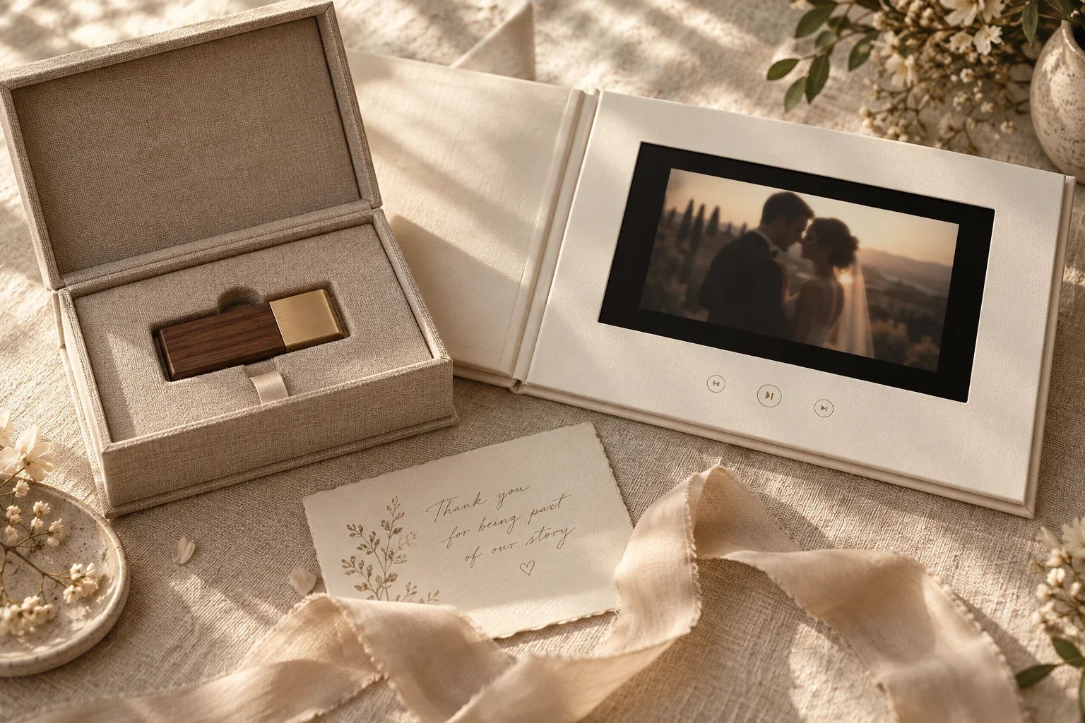 Concept of a linen keepsake box with a USB drive, an open LCD video album, and a thank-you card.