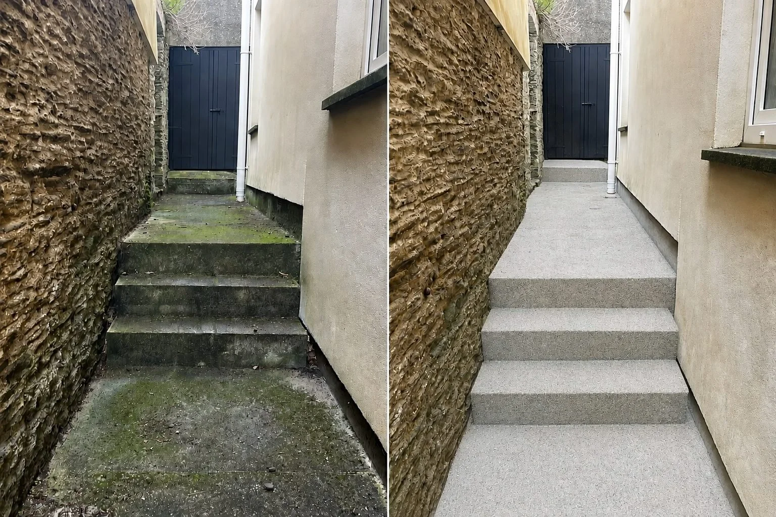 Before and after path and steps cleaning by Kernow Clean in Cornwall.