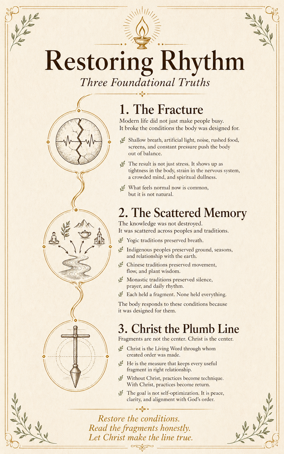 Restoring Rhythm diagram showing the three foundational truths: the fracture, the scattered memory, and Christ the plumb line.