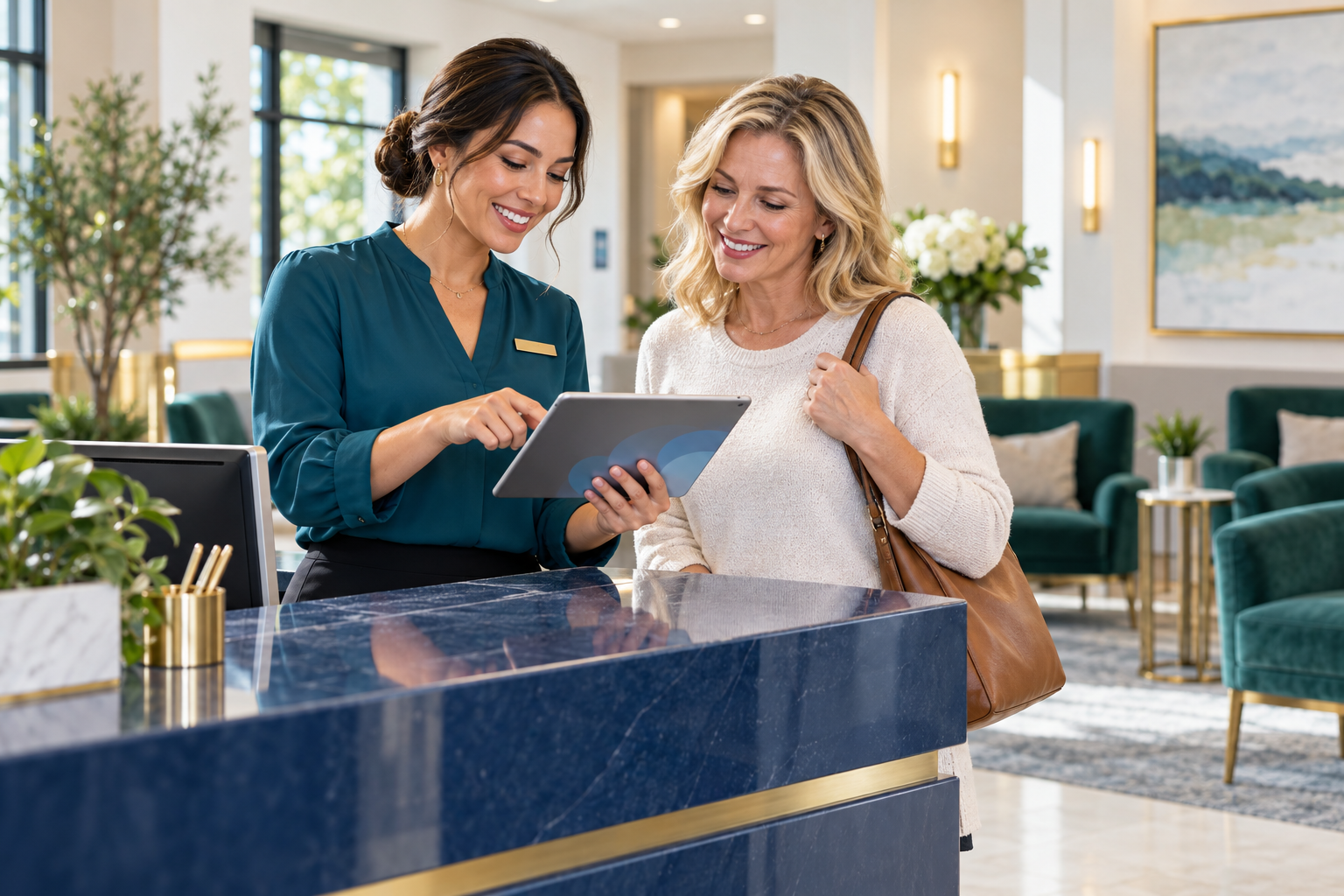 Illustrative medical receptionist helping a patient review a tablet in a welcoming clinic