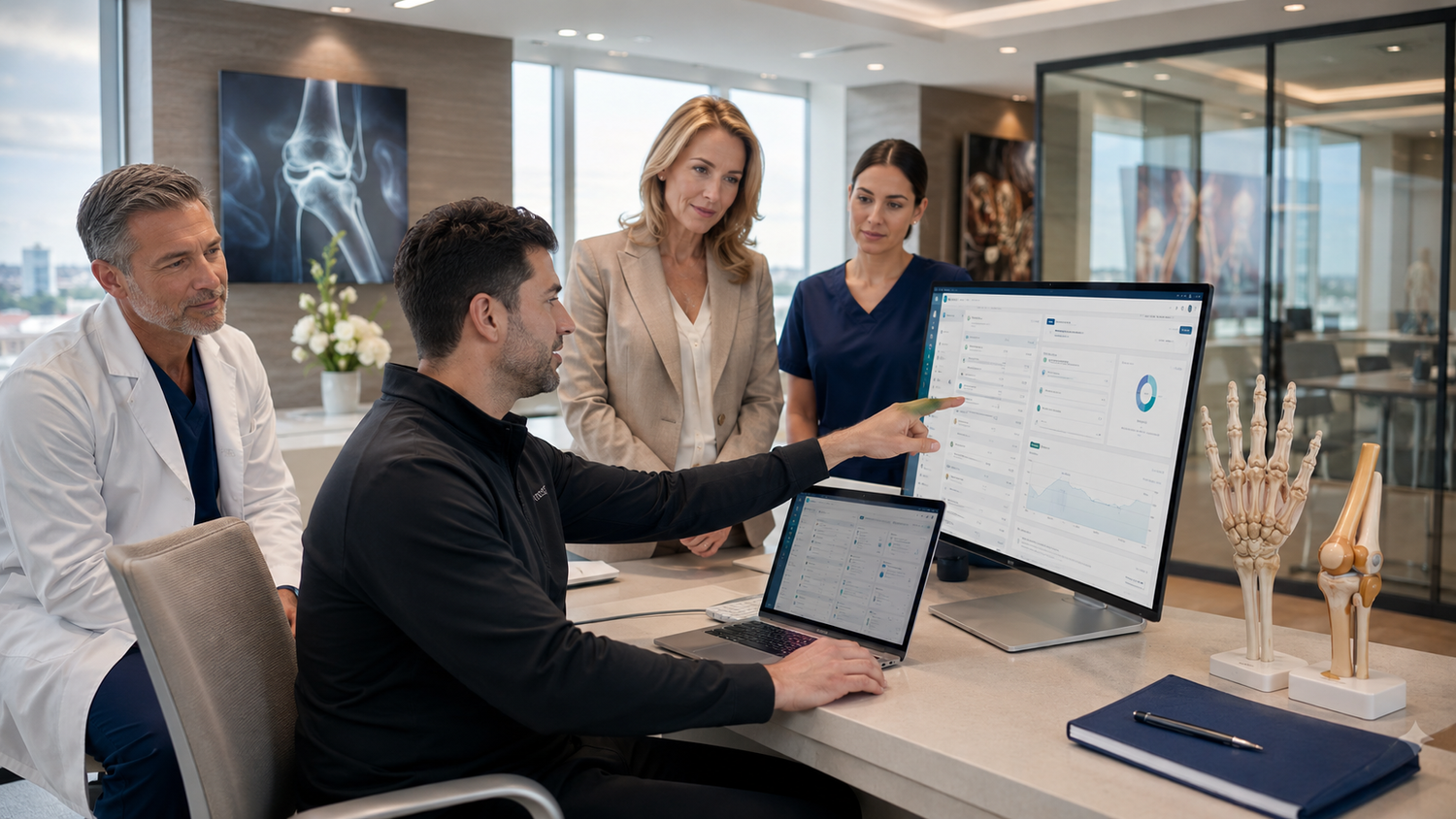 Illustrative clinical and technology professionals reviewing practice workflows together