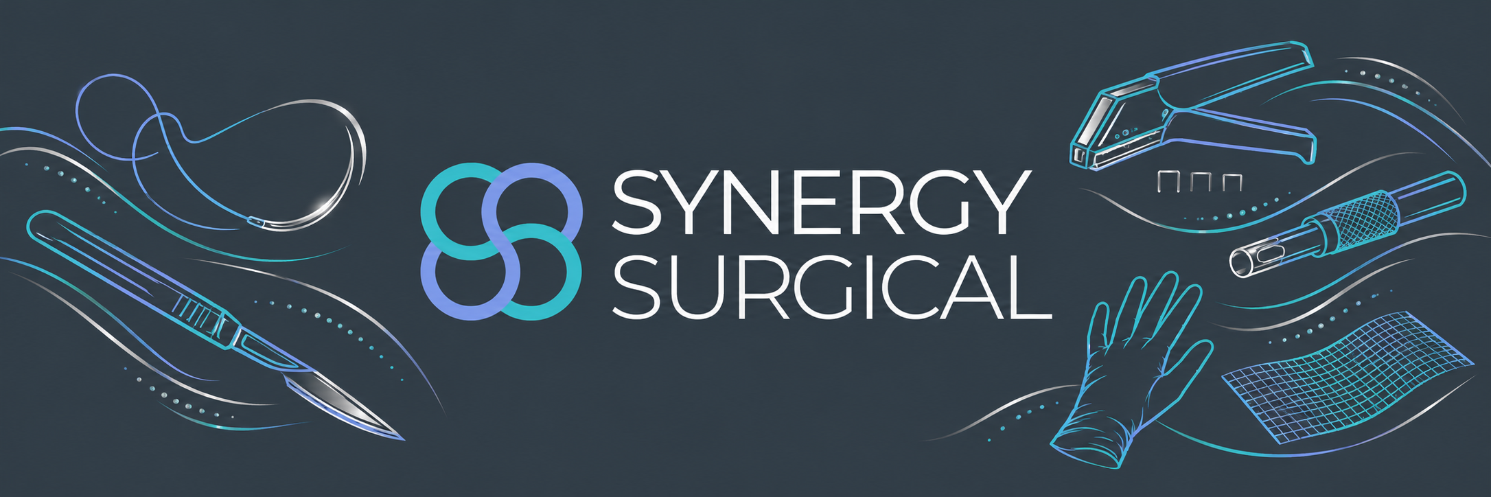 Synergy Surgical logo surrounded by fine line surgical product icons
