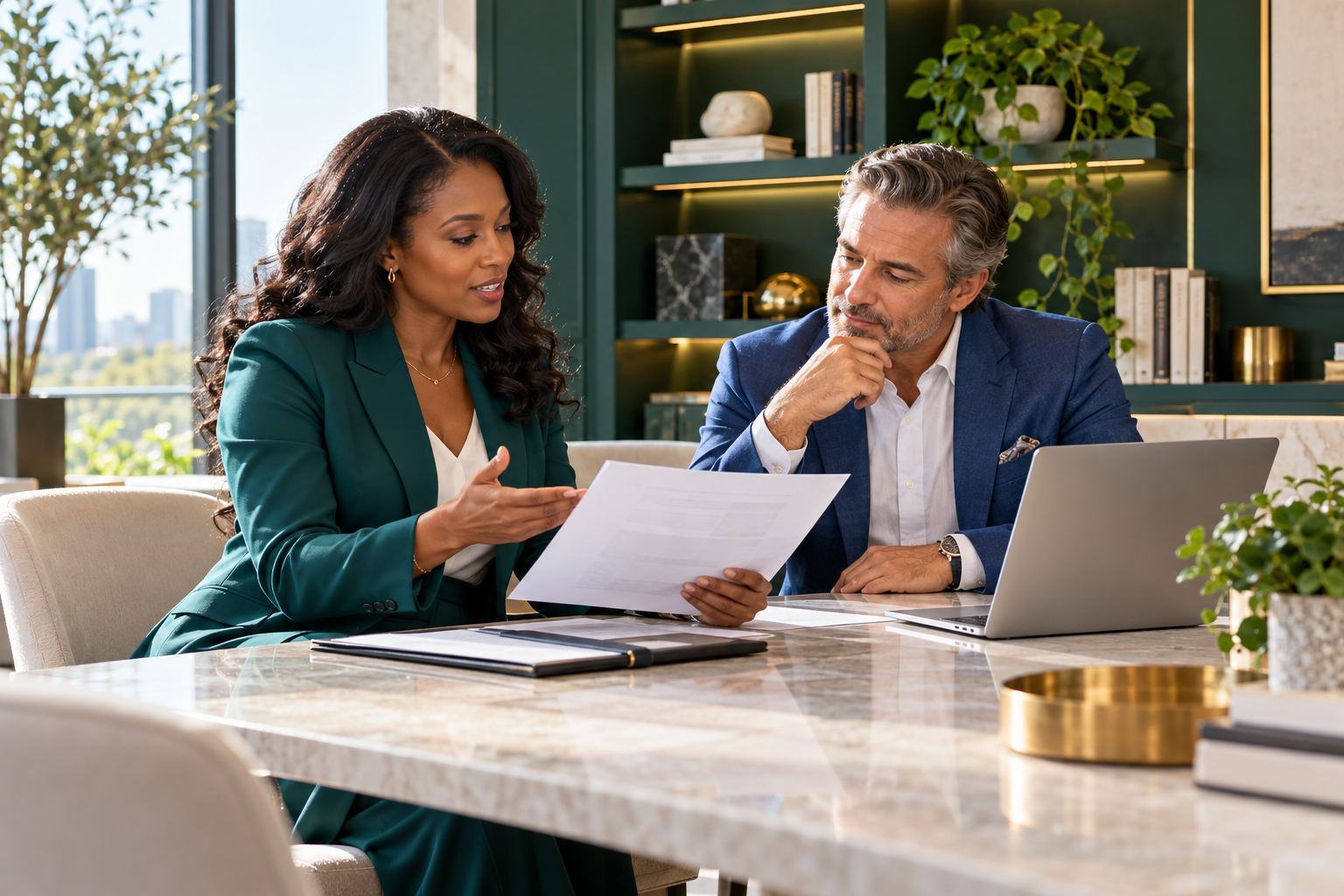 Illustrative business consultant and owner reviewing a business plan in a bright executive office