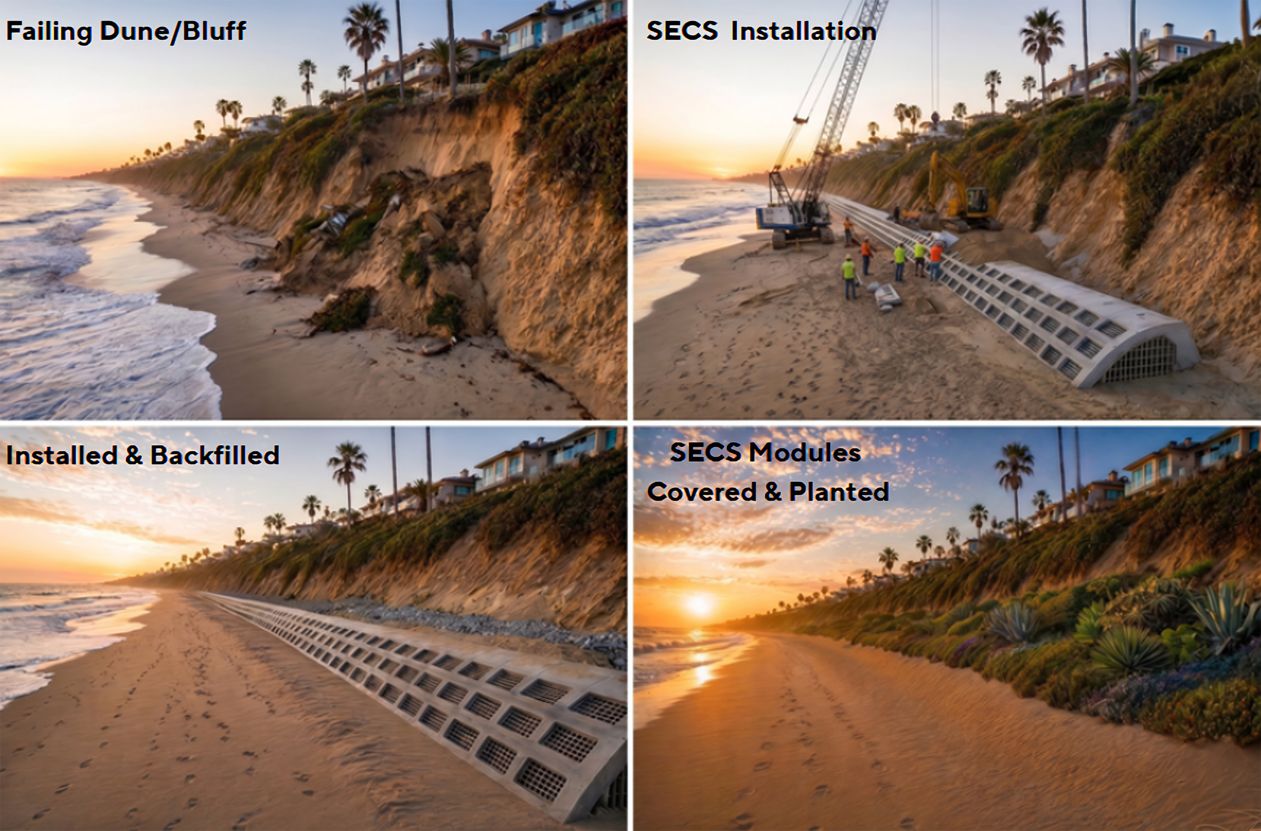 SECS before and after install sequence: failing dune, installation, backfilled, covered and planted
