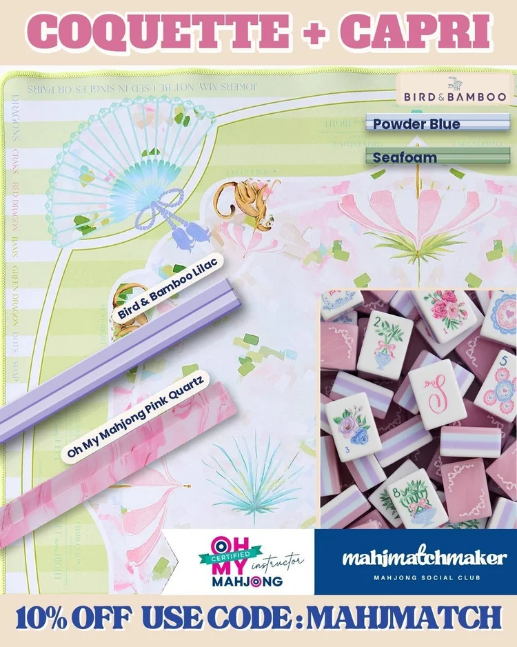 LoveShackFancy Coquette mahjong tiles with Oh My Mahjong Capri mahjong mat