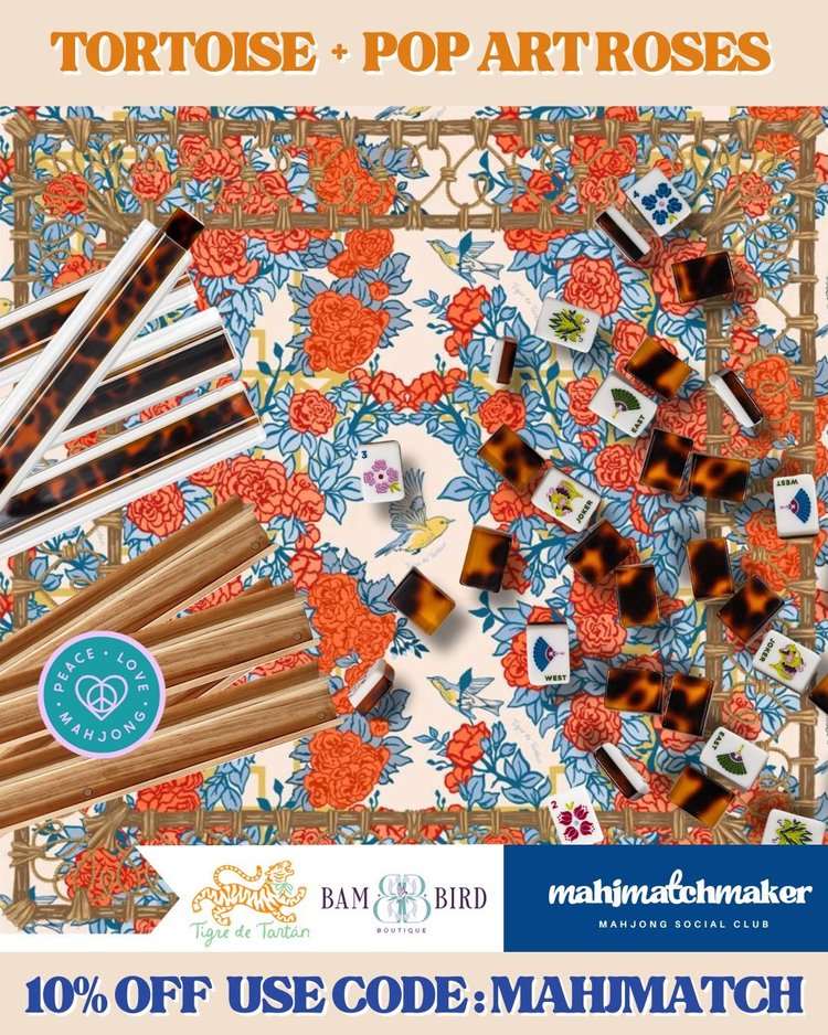 Bam Bird Boutique Tortoise mahjong tiles with Tigre de Tartan Pop Art Roses mahjong mat