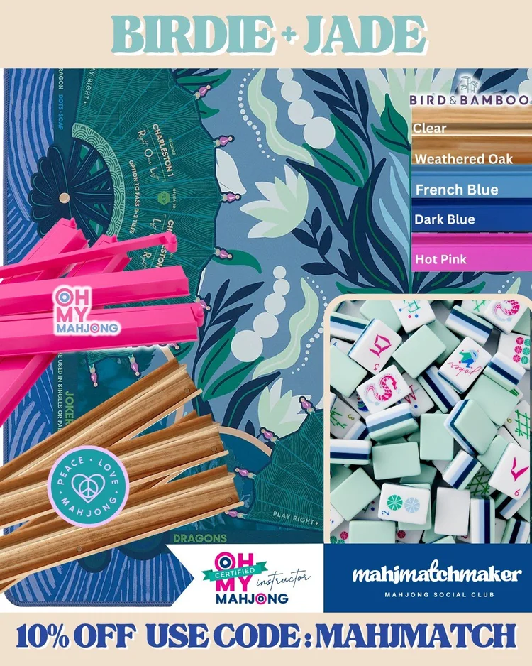 Oh My Mahjong Birdie mahjong tiles with Oh My Mahjong Jade mahjong mat