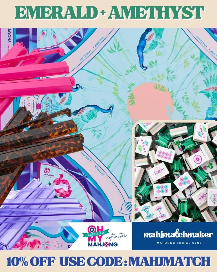 Oh My Mahjong Emerald mahjong tiles with Oh My Mahjong Amethyst mahjong mat